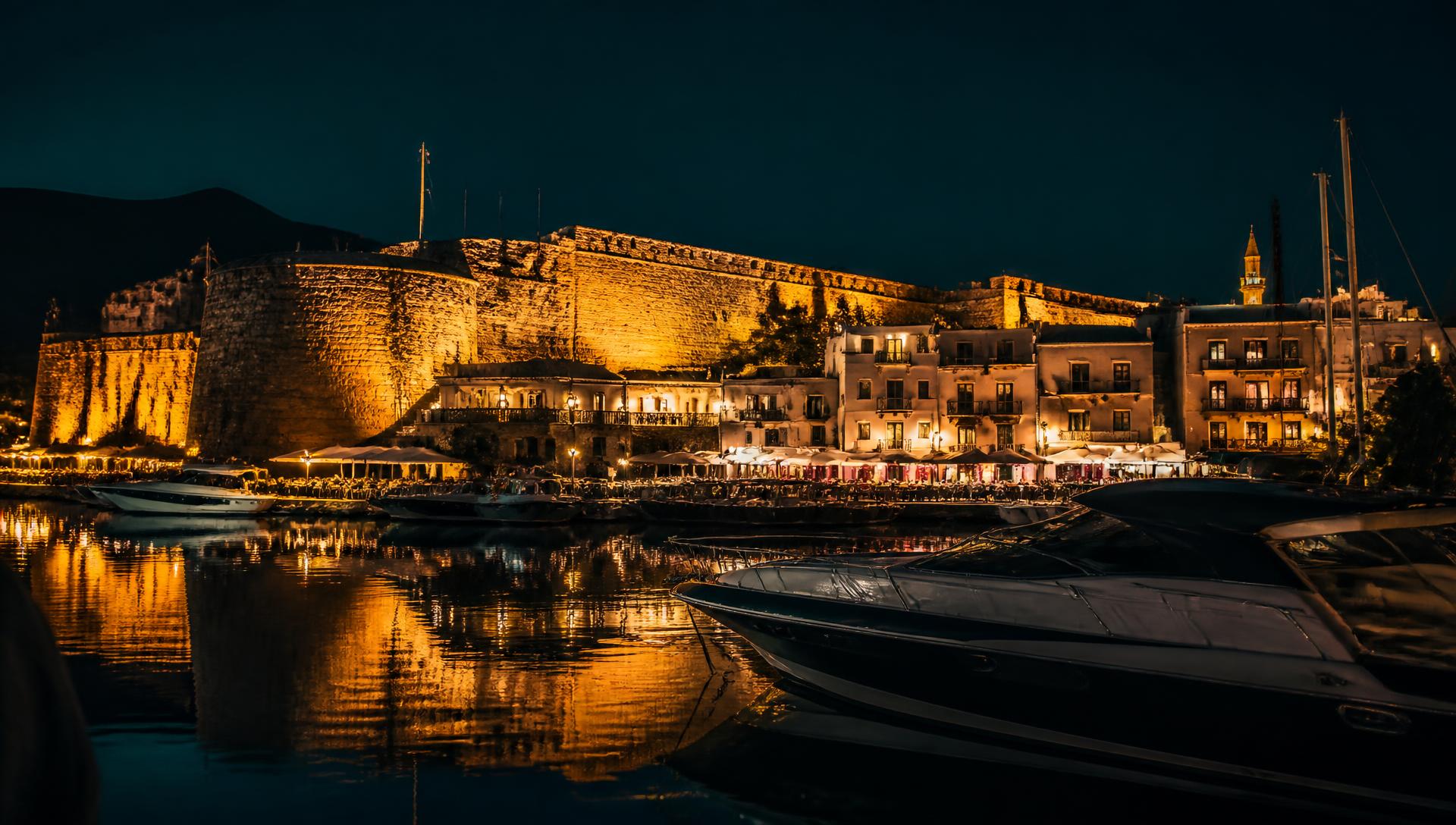 Girne limanı ve kalesi gece aydınlatmaları altında